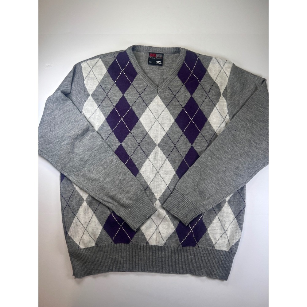 Southpole Sweater Mens 3XL Grey Purple White Argyle V-Neck Long Sleeve Knit